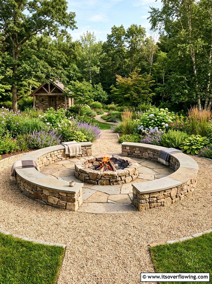 Stone circle fire pit - 25 backyard ideas with stone seating