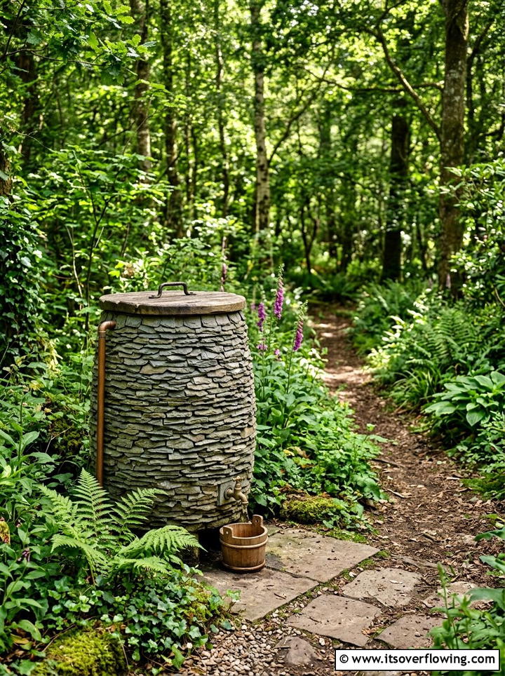 Stone clad rain barrel - 25 cheap garden ideas with rain barrels