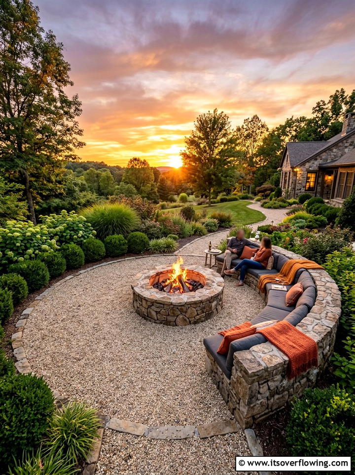 Stone fire pit with curved bench - 25 backyard ideas with benches