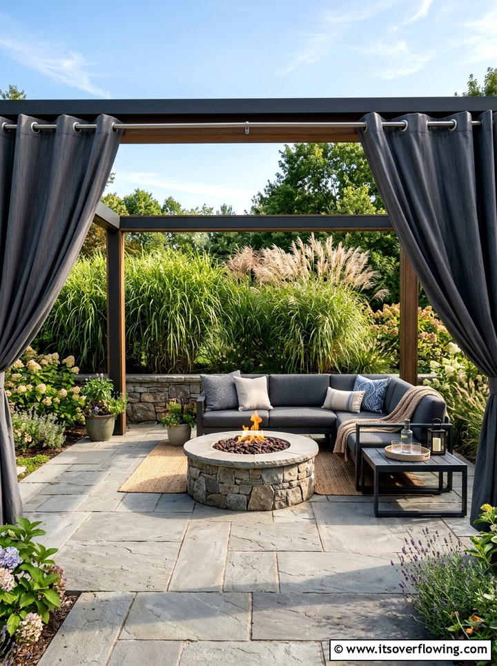 Stone patio with gray grommet curtains - 25 backyard decorating ideas with outdoor curtains