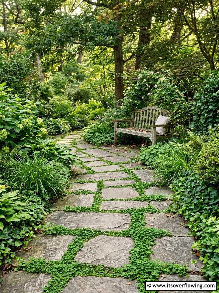Stone paver and clover walkway - 25 backyard ideas with clover lawn