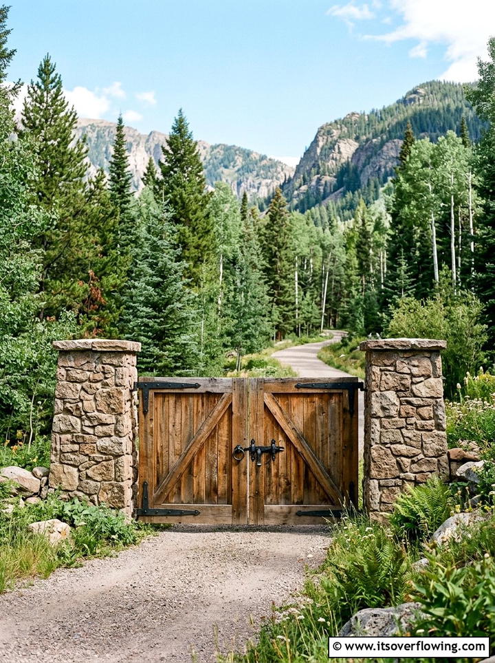 Stone pillar entrance with wooden gate - 25 garden decor ideas with gate decorations