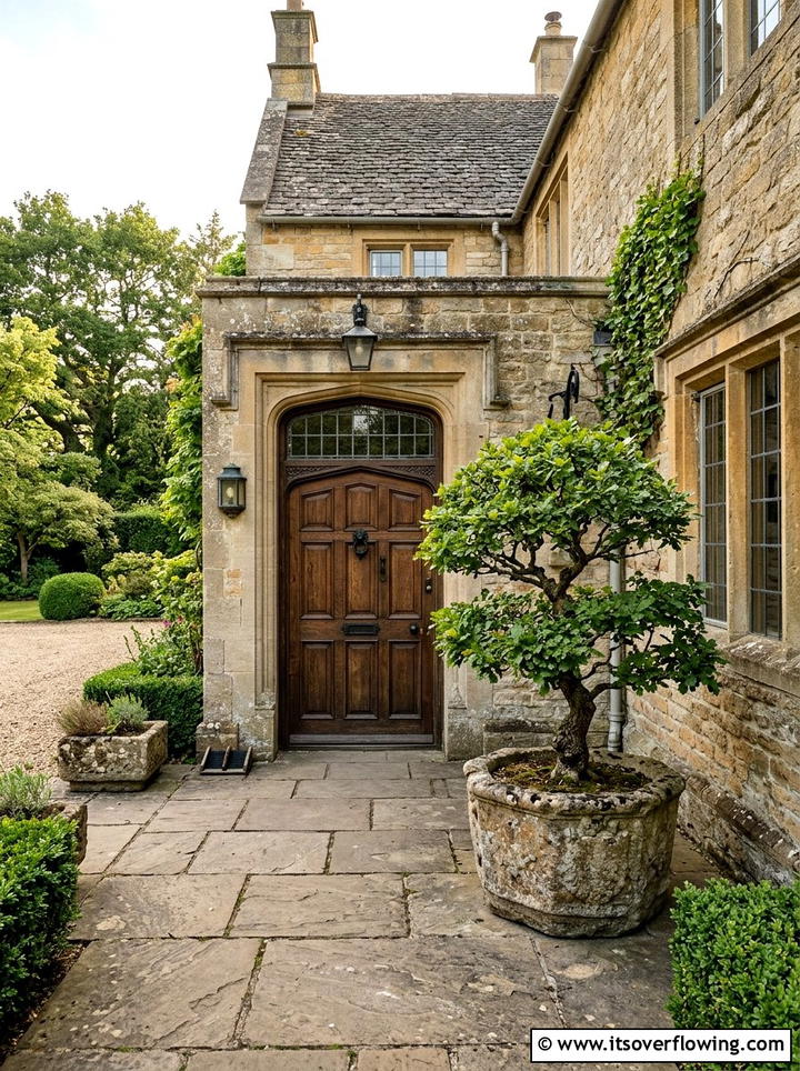 Stone porch with miniature oak tree - 25 front porch decor ideas with mini trees