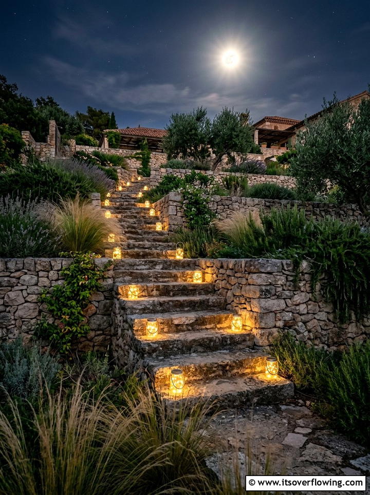 Stone staircase mason jar lighting - 25 garden ideas with mason jar lanterns