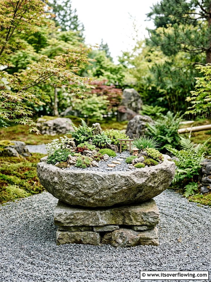 Stone vessel sink rock garden - 25 upcycled garden ideas with old sinks