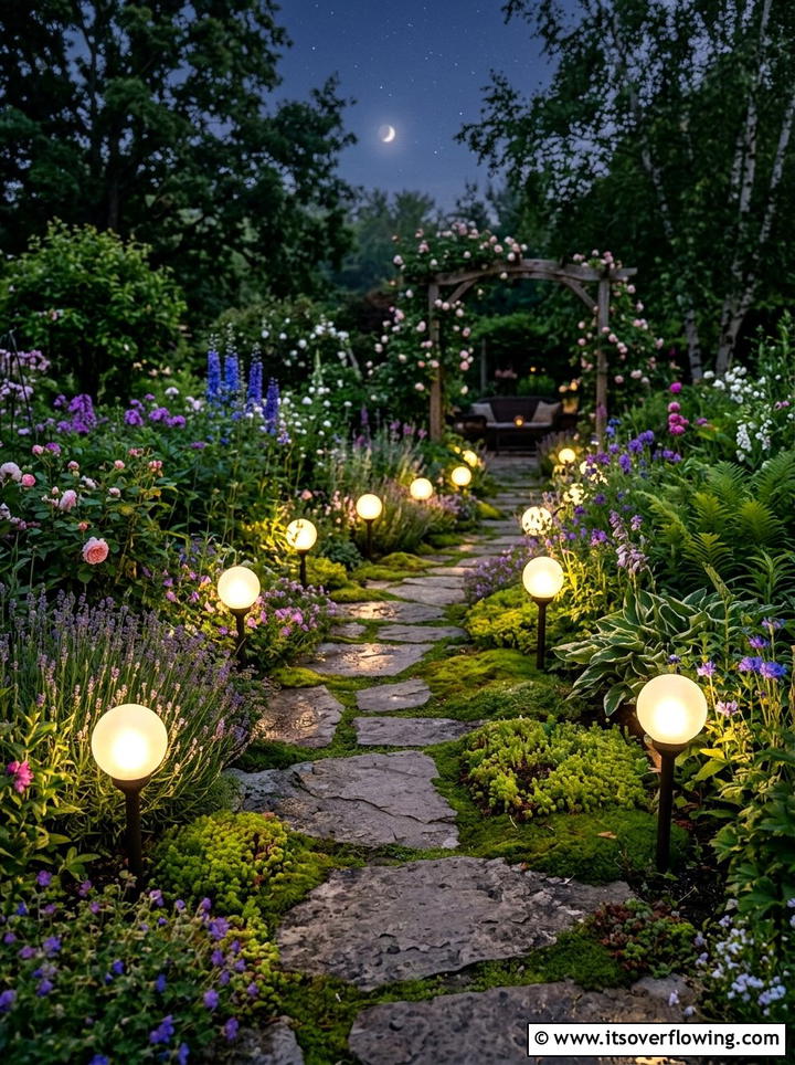 Stone walkway with globe lights - 25 garden decor ideas with pathway lighting