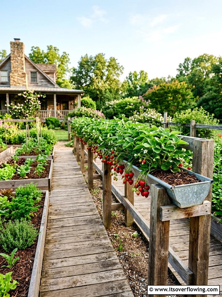 Strawberry Gutter Garden - 25 upcycled garden ideas with rain gutters