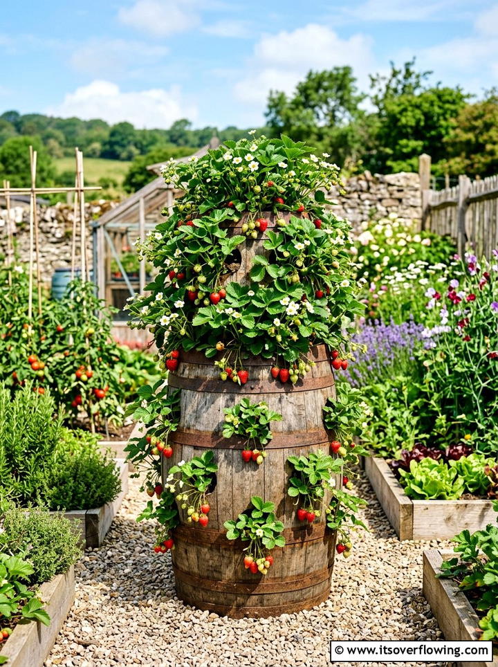 Strawberry Tower Barrel Planter - 25 backyard ideas with barrel planter