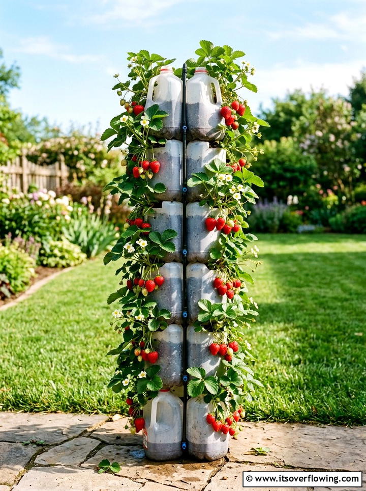 Strawberry Tower Planter - 25 recycled garden ideas with milk jugs