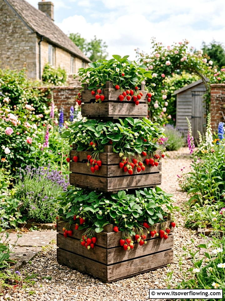 Strawberry Tower - 25 upcycled garden ideas with old crates