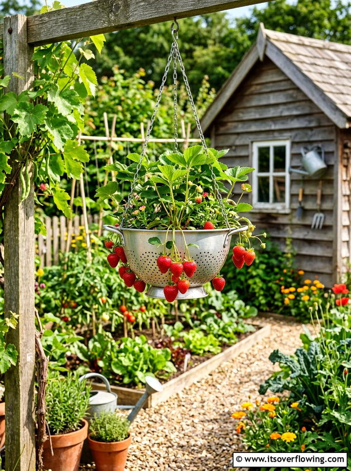 Strawberry colander pot - 25 upcycled garden ideas with old colanders
