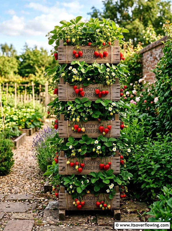 Strawberry crate tower garden - 25 backyard ideas with crate planters