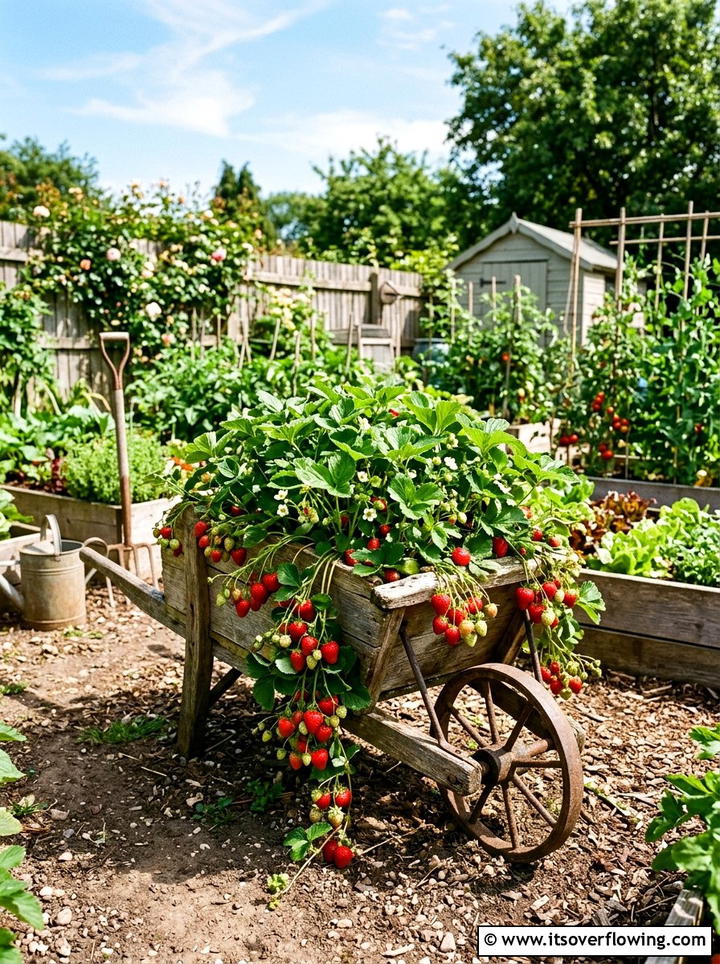 Strawberry planter wheelbarrow - 25 upcycled garden ideas with old wheelbarrows