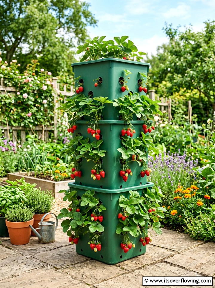 Strawberry tower storage bin - 25 recycled garden ideas with storage bins
