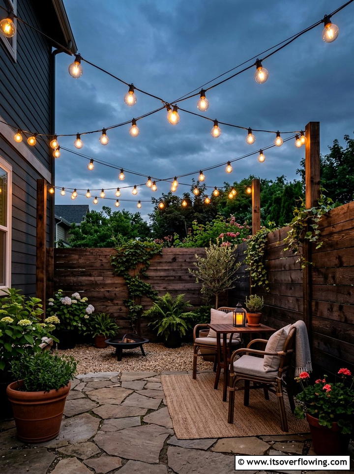 String Light Arrangement - 25 garden ideas for tiny patios
