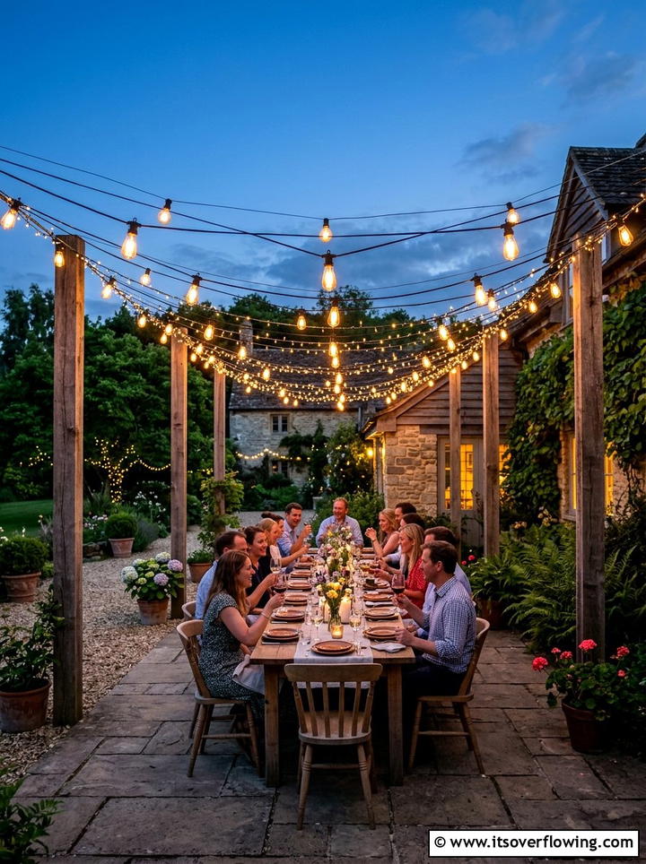 String Light Canopy - 25 backyard decorating ideas with farmhouse accents