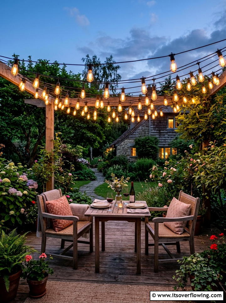 String Light Canopy - 25 small garden ideas with boho style