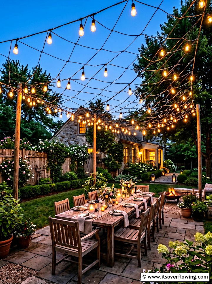 String Light Canopy - 25 backyard ideas for flat yards