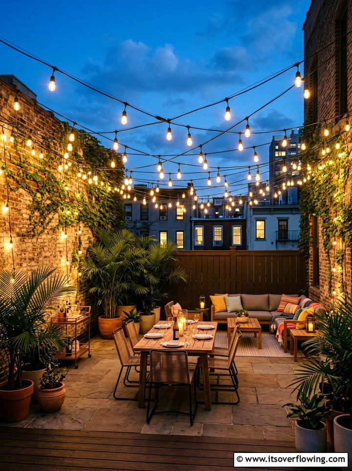 String Light Canopy - 25 cheap garden ideas for small spaces