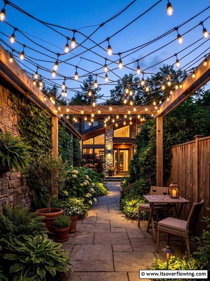 String Light Canopy - 25 creative garden ideas for narrow spaces
