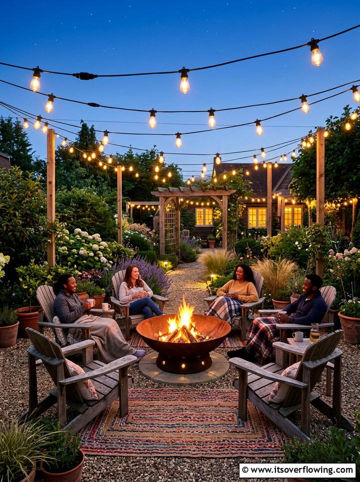 String Light Fire Bowl Garden - 25 small garden ideas with fire bowl