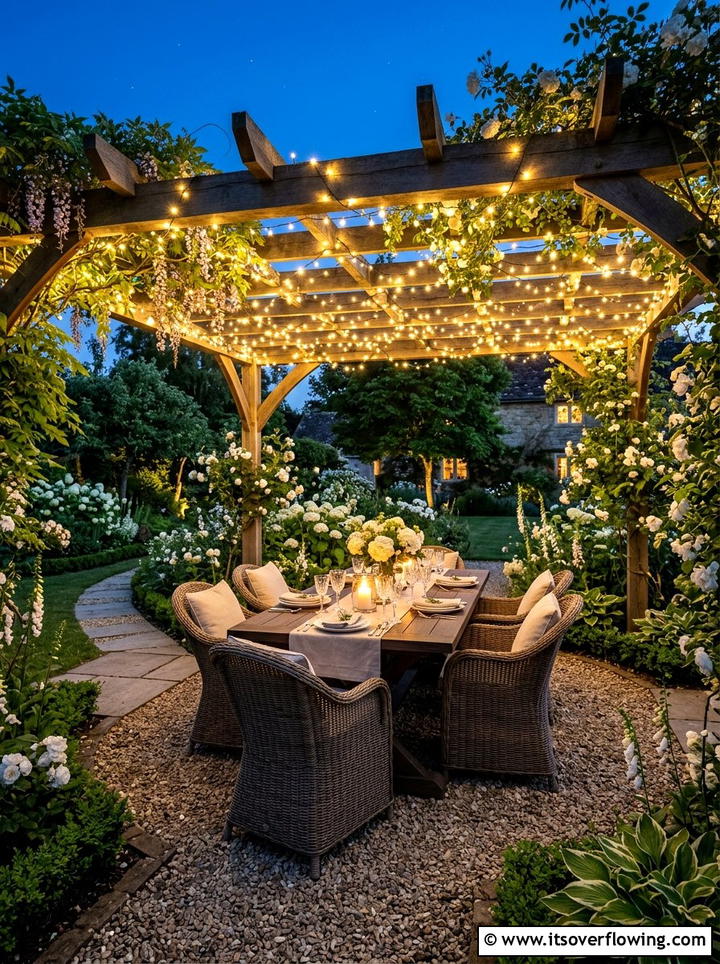 String Light Garden Seating - 25 creative garden ideas with moon gardens