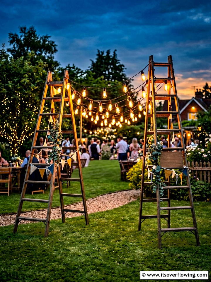 String Light Ladder Support - 25 backyard decorating ideas with vintage ladders