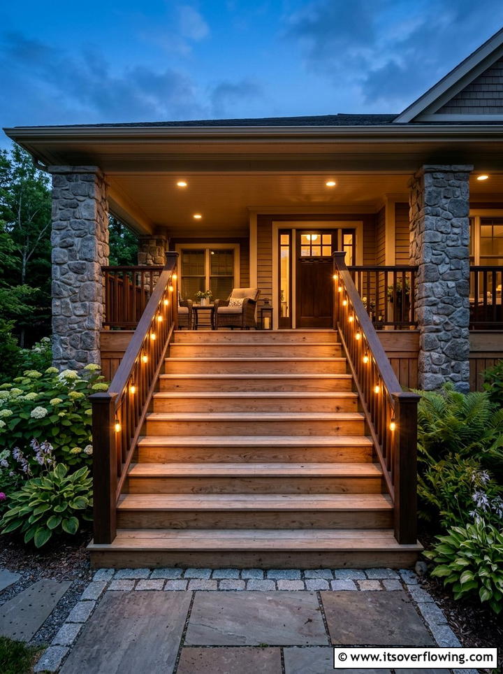 String Lights Along Porch Steps - 25 front porch ideas with string lights