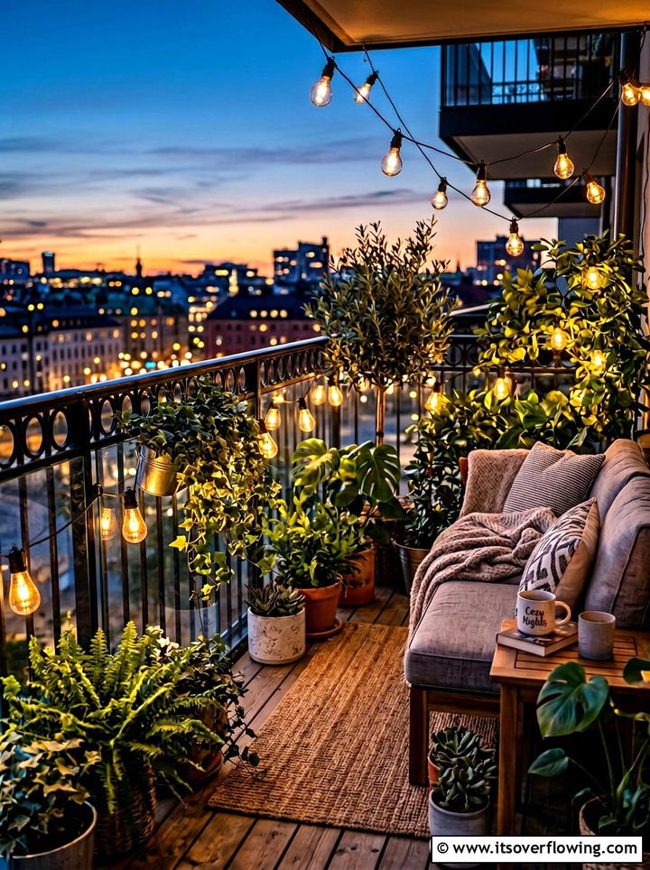 String Lights Decor - 25 small garden ideas for balcony