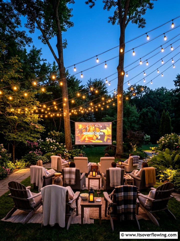 String Lights Movie Night - 25 backyard ideas with projector screen