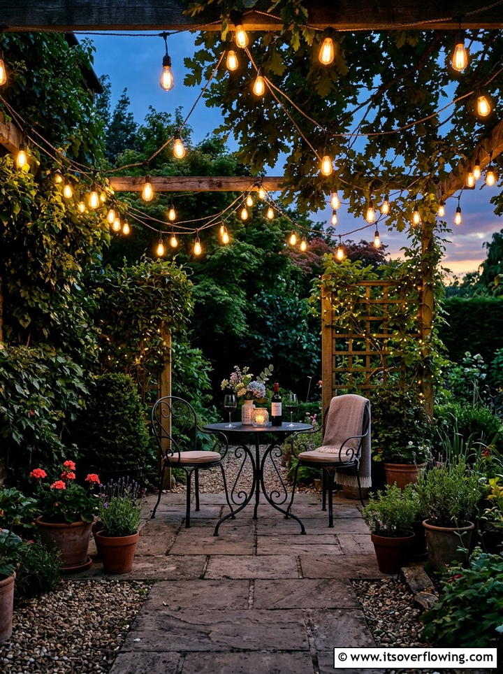 String Lights Over Bistro Set - 25 garden decor ideas with bistro sets