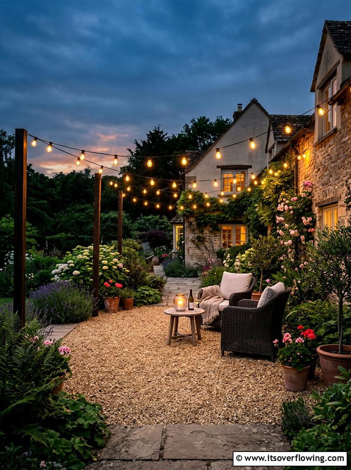 String Lights Over Gravel Terrace - 25 backyard decorating ideas with gravel zones