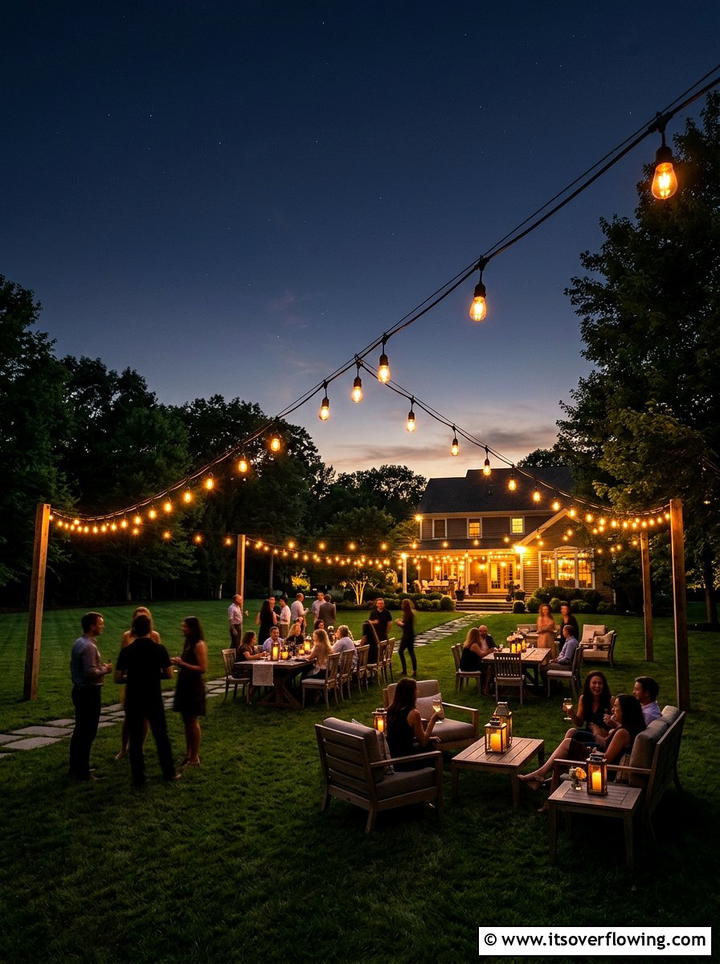 String Lights Over Lawn - 25 garden decor ideas for birthdays