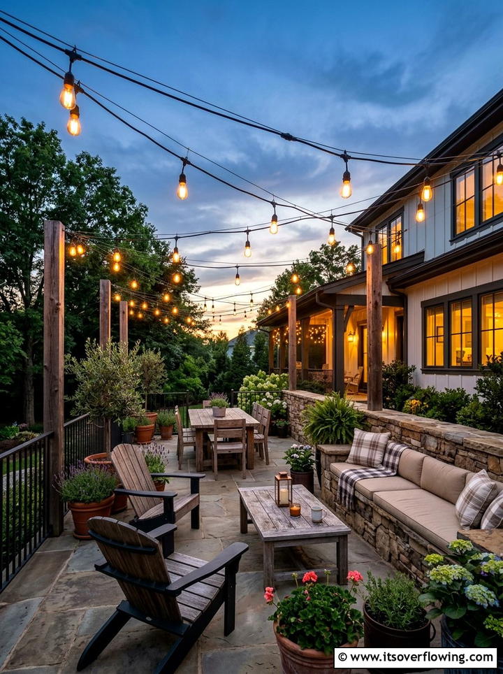 String Lights Over Patio - 25 backyard ideas with farmhouse style