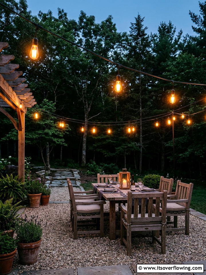String Lights Over Patio - 25 backyard ideas with rustic style