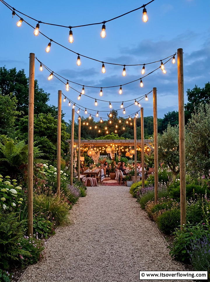 String lights over path - 25 garden ideas with pathway lights