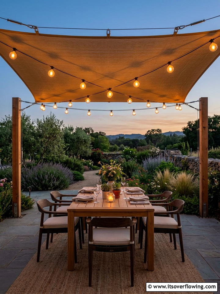 String lights under shade sail - 25 backyard decorating ideas with shade sail