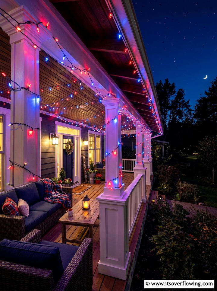 String lights with red and blue bulbs - 25 front porch ideas with patriotic decor