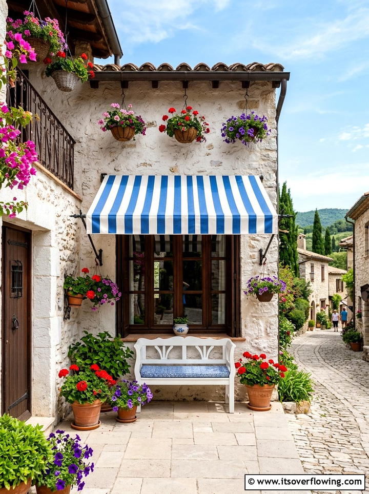 Striped Awning - 25 front porch decor ideas with bright colors