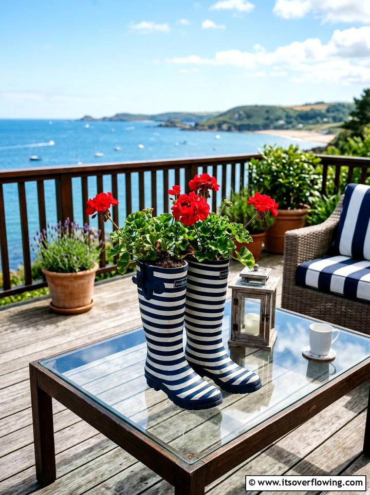 Striped Wellies Patio Decor - 25 upcycled garden ideas with old boots