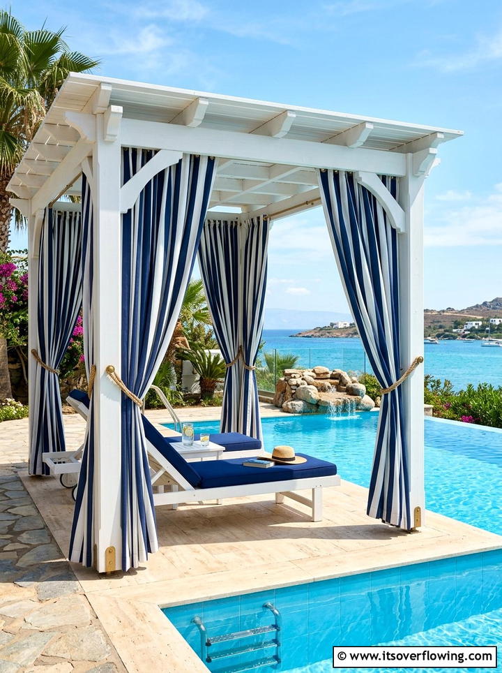Striped nautical pergola curtains - 25 garden decor ideas with pergola curtains