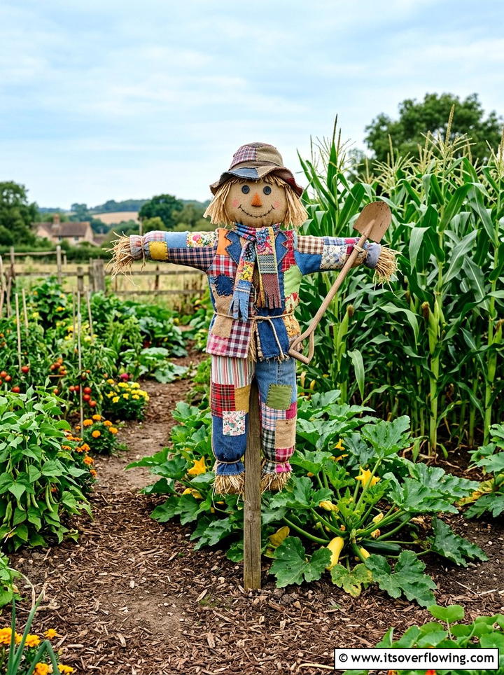 Stuffed Fabric Scarecrow Decor - 25 upcycled garden ideas with fabric scraps