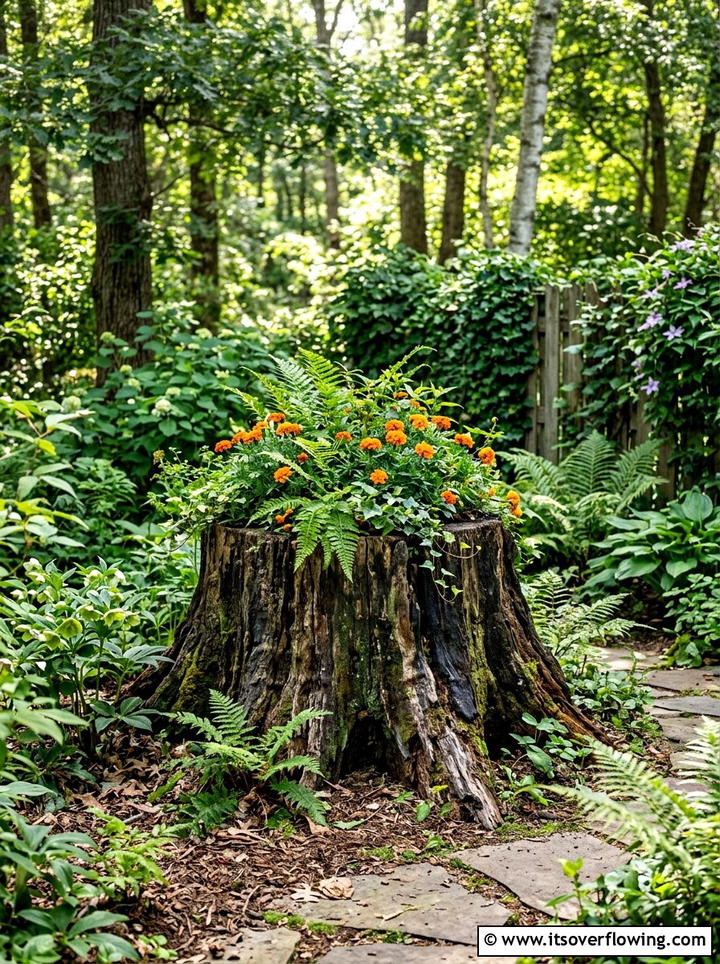 Stump Planter - 25 upcycled garden ideas for tiny yards