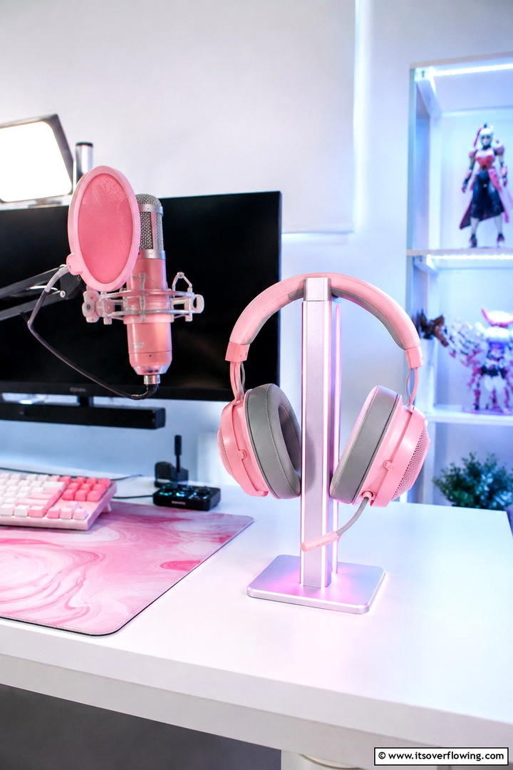Stylish Pink Headset Display - 30 Pink Gaming Setup Ideas for a Vibrant Play Space