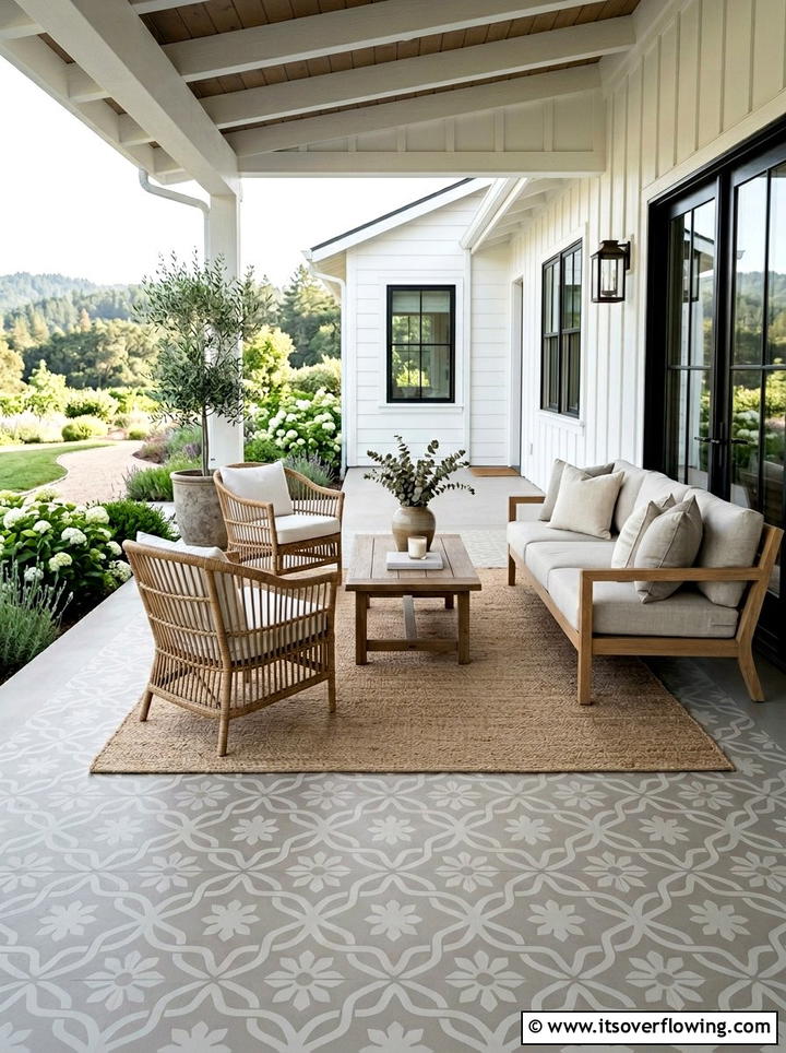 Subtle Greige Cement Pattern - 25 front porch ideas with stenciled floor
