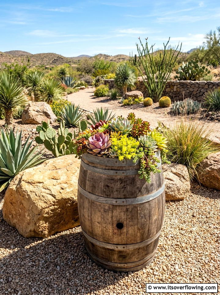 Succulent Barrel Planter - 25 upcycled garden ideas with rain barrels