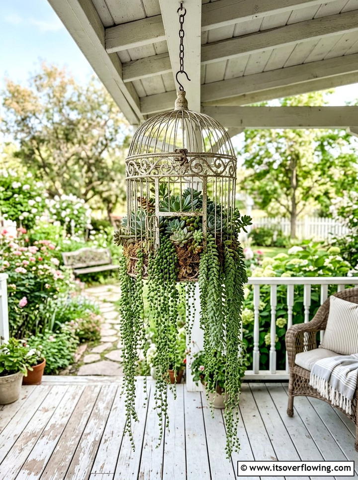 Succulent Birdcage Display - 25 garden decor ideas with succulent displays