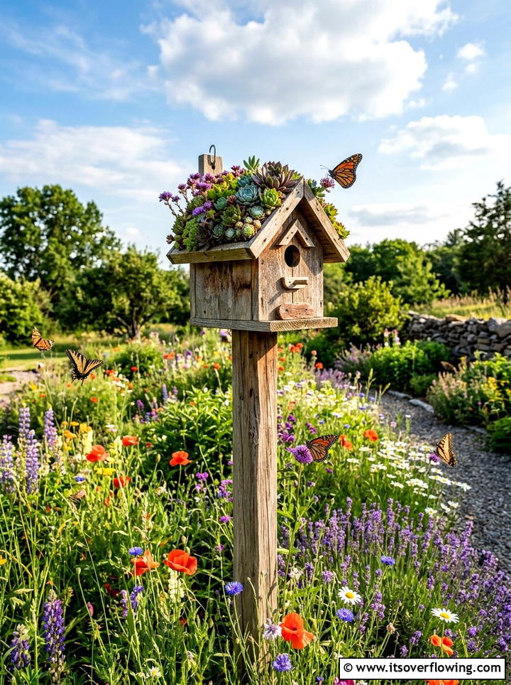 Succulent Birdhouse Planter - 25 garden decor ideas with succulent displays