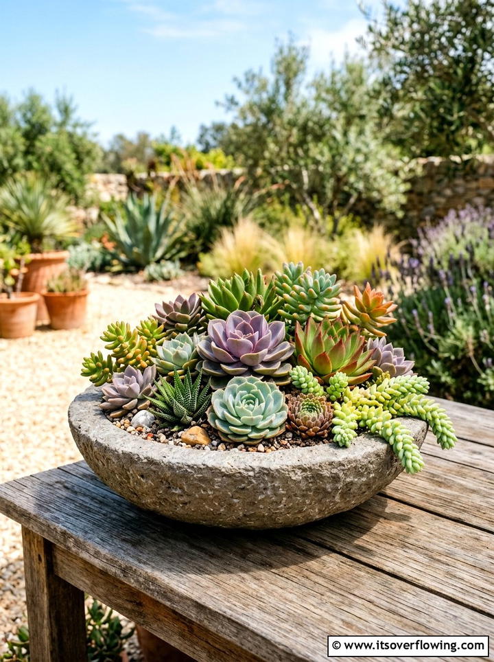Succulent Bowl Arrangement - 25 garden decor ideas with container groupings