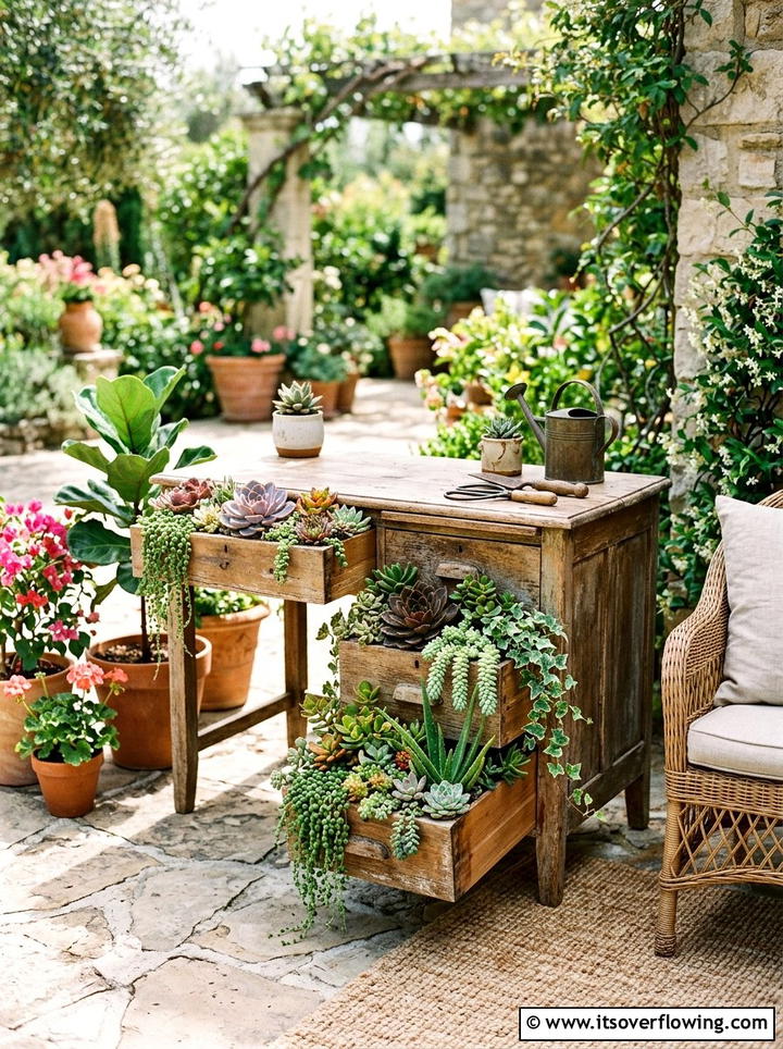 Succulent Desk Planter - 25 upcycled garden ideas with old tables